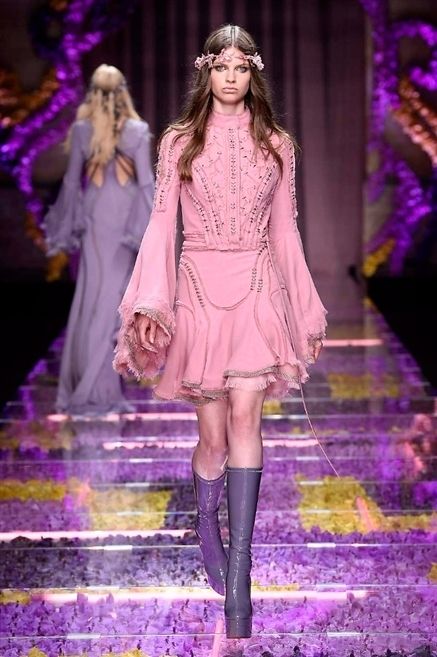 Clothing, Purple, Fashion show, Violet, Outerwear, Runway, Pink, Style, Fashion model, Dress, 