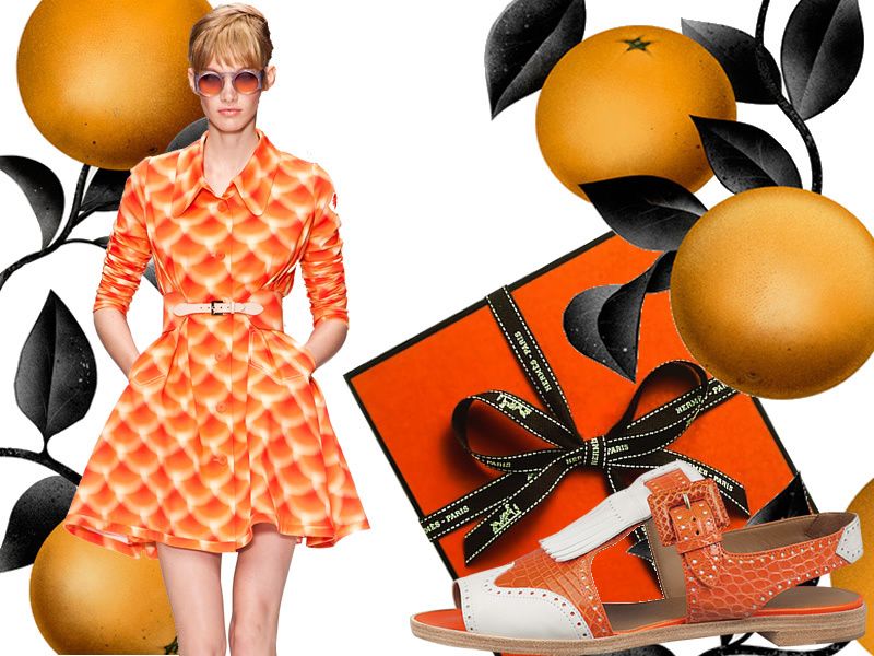 Orange, Dress, Style, Amber, Peach, Pattern, Ribbon, Day dress, Costume accessory, One-piece garment, 