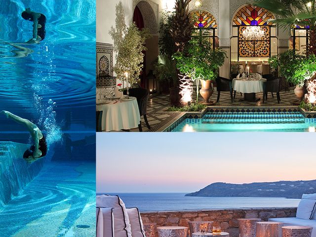Lighting, Swimming pool, Azure, Aqua, Rectangle, Decoration, Resort, Water feature, Hotel, Courtyard, 