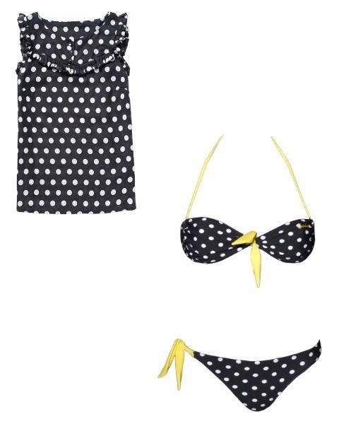 Product, Yellow, Pattern, White, Style, Polka dot, Black, Costume accessory, Brassiere, Design, 