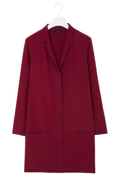 Clothing, Coat, Collar, Sleeve, Textile, Red, Outerwear, Formal wear, Magenta, Blazer, 