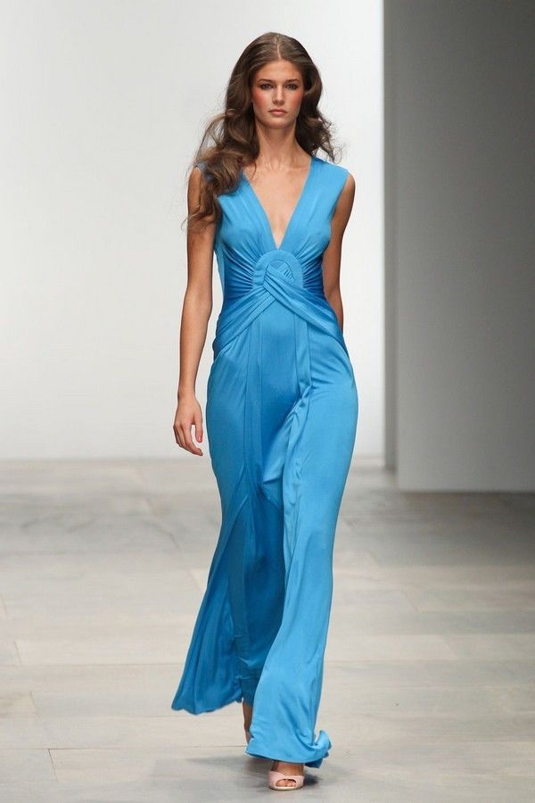 Clothing, Blue, Fashion show, Shoulder, Dress, Joint, One-piece garment, Formal wear, Style, Waist, 