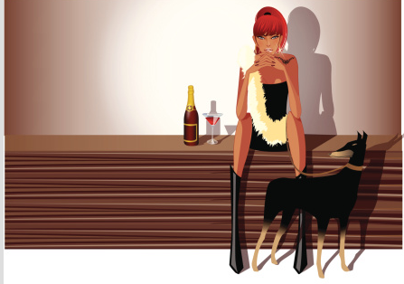 Animation, Sitting, Drink, Long hair, Bottle, Red hair, Graphics, Illustration, Animated cartoon, Fiction, 