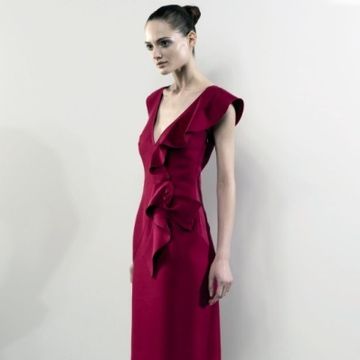 Dress, Sleeve, Shoe, Shoulder, Joint, Standing, Red, One-piece garment, Style, Formal wear, 