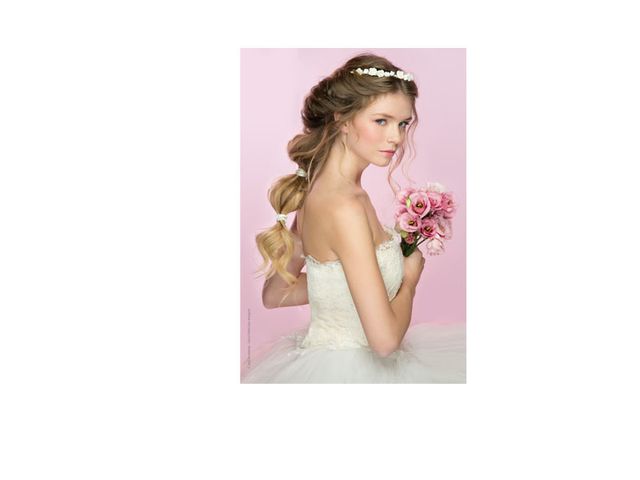 Clothing, Hairstyle, Skin, Petal, Shoulder, Dress, Photograph, Pink, Purple, Wedding dress, 