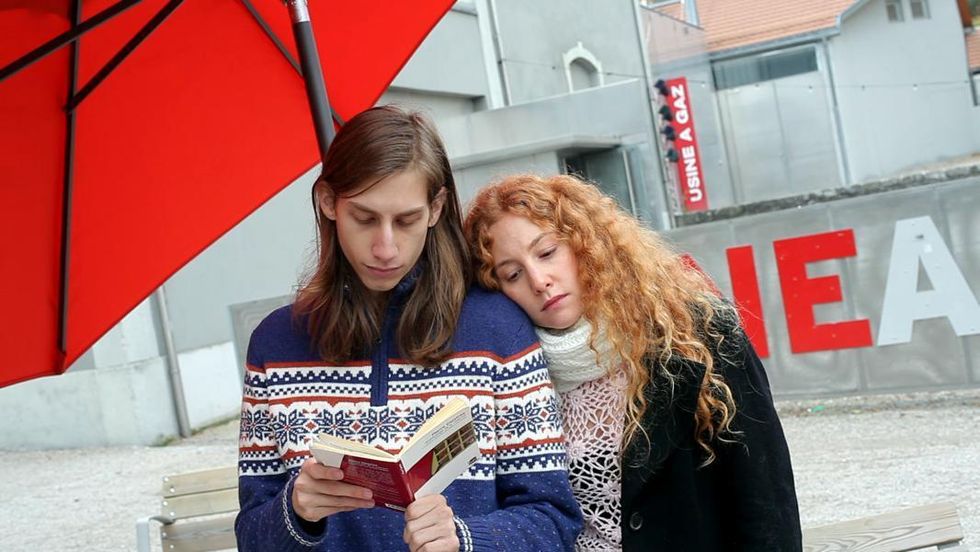 Red, Street fashion, Publication, Reading, Brown hair, Long hair, Umbrella, Coquelicot, Love, Book, 