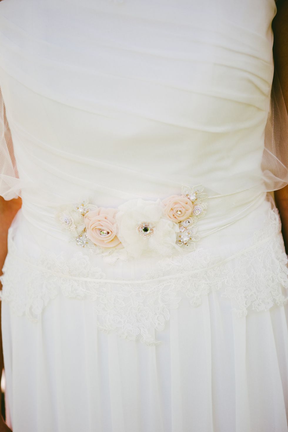 Dress, Textile, White, Wedding dress, Embellishment, Bridal clothing, Bridal accessory, Peach, Day dress, One-piece garment, 