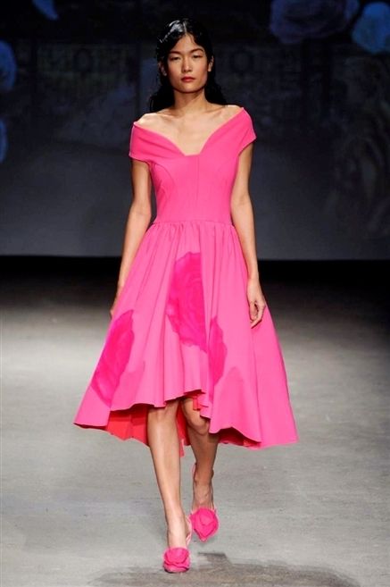 Clothing, Shoulder, Fashion show, Joint, Dress, Shoe, Pink, One-piece garment, Magenta, Style, 