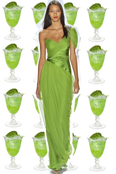 Green, Dress, Leaf, Glass, One-piece garment, Drinkware, Day dress, Cocktail garnish, Drink, Waist, 