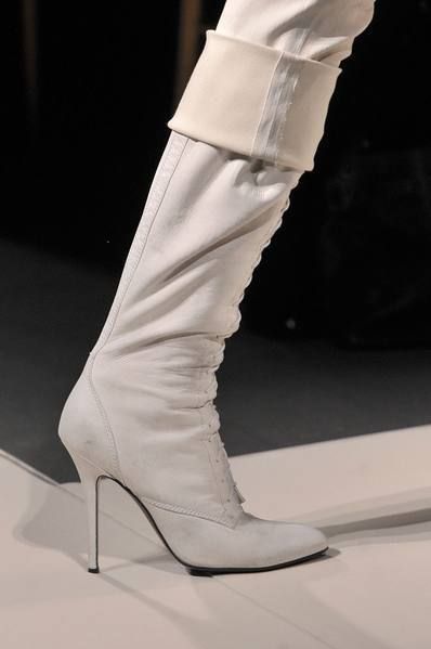 White, Fashion, Boot, Beige, High heels, Fashion design, Silver, Leather, Natural material, Knee-high boot, 