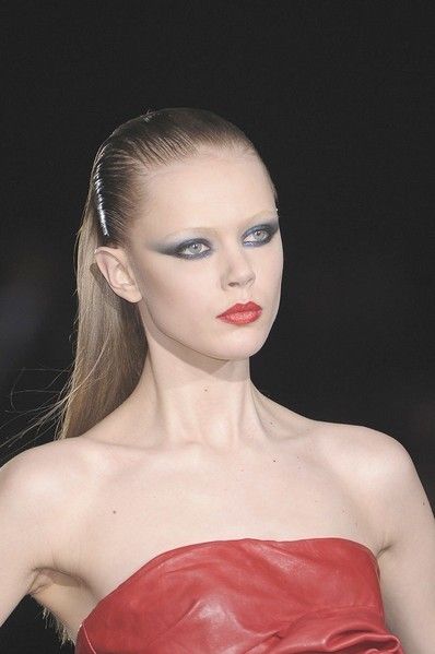 Face, Head, Ear, Lip, Mouth, Hairstyle, Eyebrow, Eyelash, Red, Strapless dress, 