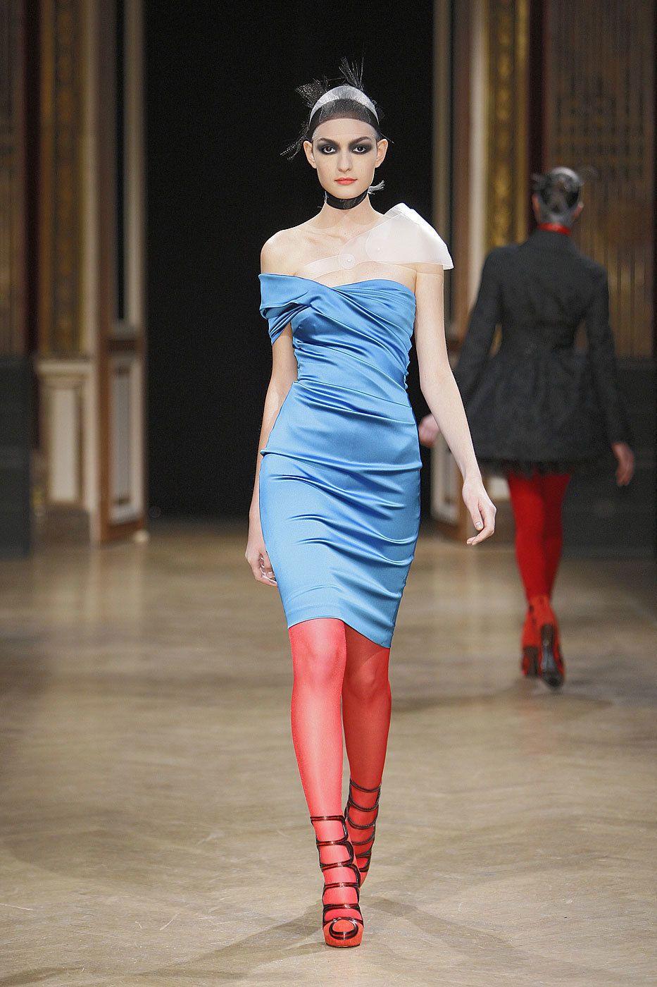 Clothing, Dress, Shoulder, Joint, Fashion show, Human leg, Red, Style, One-piece garment, Waist, 