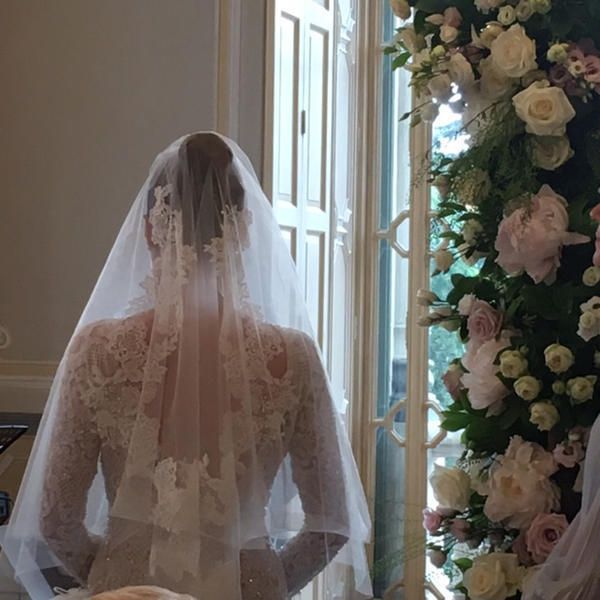 Bridal veil, Veil, Dress, Bridal clothing, Shoulder, Bridal accessory, Petal, Bride, Wedding dress, Gown, 