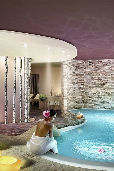 Fluid, Interior design, Swimming pool, Purple, Aqua, Lavender, Interior design, Water feature, Decoration, Hotel, 