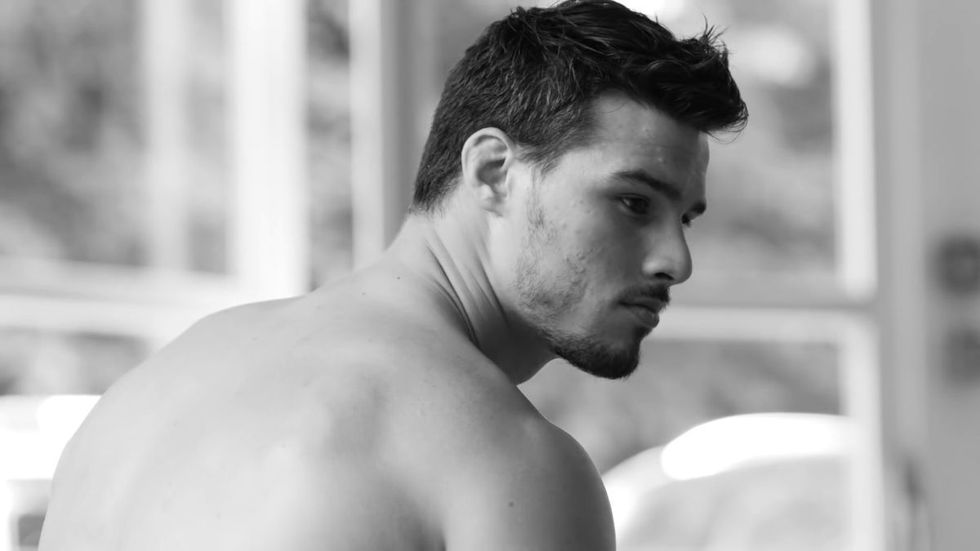 Hairstyle, Facial hair, Chin, Shoulder, Eyebrow, Photograph, Joint, Barechested, Chest, Style, 