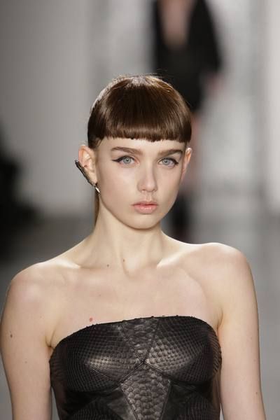 Lip, Hairstyle, Shoulder, Eyelash, Strapless dress, Style, Bangs, Beauty, Fashion, Neck, 