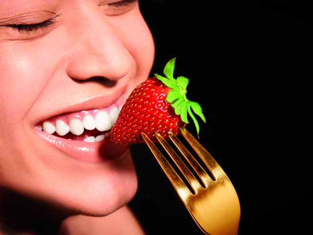 Mouth, Lip, Cheek, Tooth, Fruit, Strawberry, Facial expression, Natural foods, Strawberries, Jaw, 