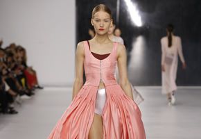Clothing, Hairstyle, Dress, Shoulder, Photograph, Standing, Formal wear, Fashion show, Pink, Style, 