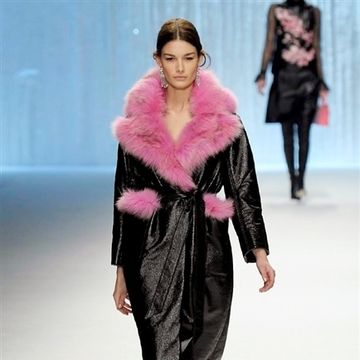 Clothing, Shoulder, Fashion show, Textile, Joint, Outerwear, Runway, Pink, Style, Fashion model, 