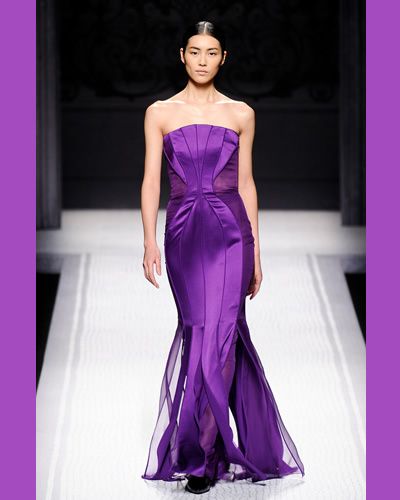 Shoulder, Purple, Dress, Violet, Magenta, Fashion model, Formal wear, Style, Fashion show, Waist, 