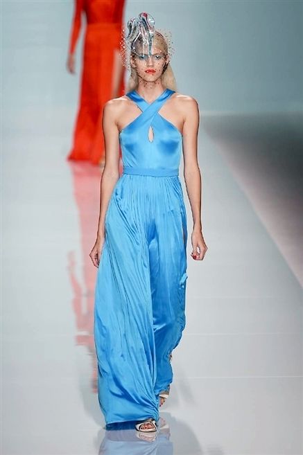 Blue, Dress, Shoulder, Textile, Joint, Standing, Fashion show, Style, Formal wear, Electric blue, 