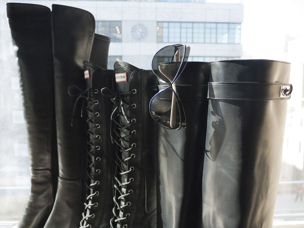 Boot, Leather, Riding boot, Synthetic rubber, Knee-high boot, Silver, Aluminium, Transparent material, Steel, Snow boot, 