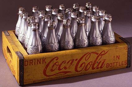 Bottle, Metal, Carbonated soft drinks, Coca-cola, Cola, Glass bottle, Still life photography, Box, Silver, Packaging and labeling, 