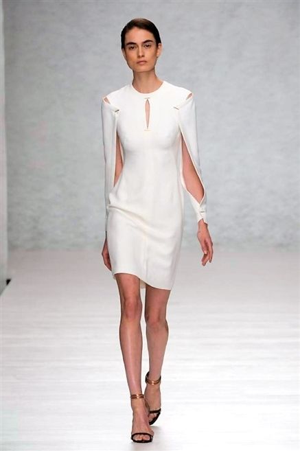 Skin, Sleeve, Shoulder, Human leg, Dress, Fashion show, Joint, White, Standing, One-piece garment, 