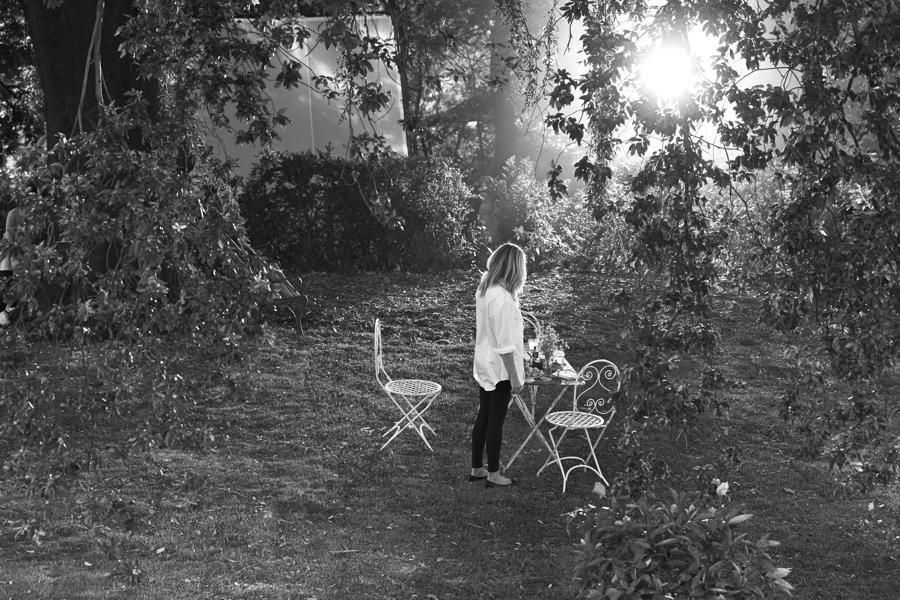 People in nature, Monochrome, Sunlight, Monochrome photography, Black-and-white, Garden, Outdoor furniture, Folding chair, Woodland, Yard, 