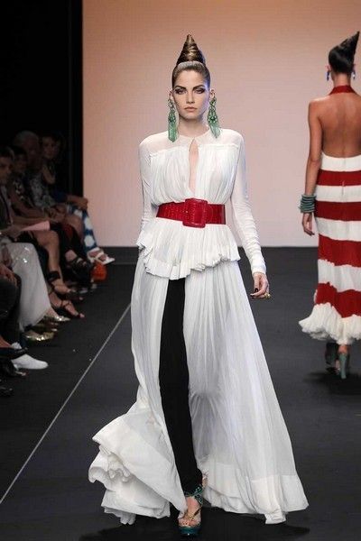 Clothing, Footwear, Shoulder, Joint, Red, White, Fashion show, Style, Fashion model, Formal wear, 