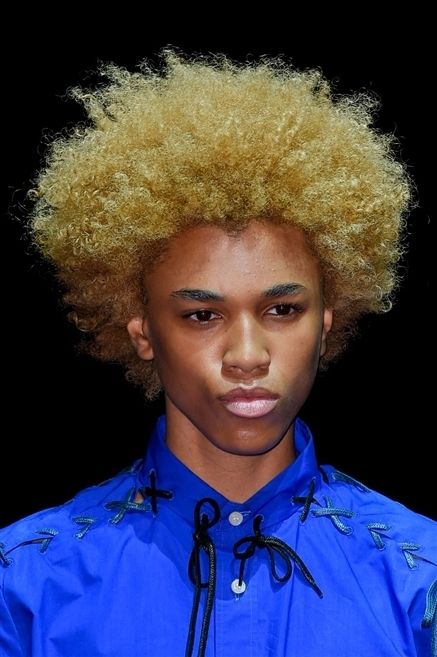 Nose, Blue, Lip, Hairstyle, Collar, Chin, Dress shirt, Style, Afro, Electric blue, 