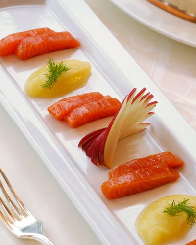 Food, Dishware, Cuisine, Orange, Tableware, Sashimi, Ingredient, Seafood, Fish slice, Produce, 