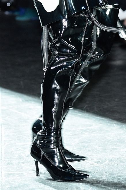 Latex, Latex clothing, Leather, High heels, Boot, Motorcycle, Sculpture, Figurine, Knee-high boot, 