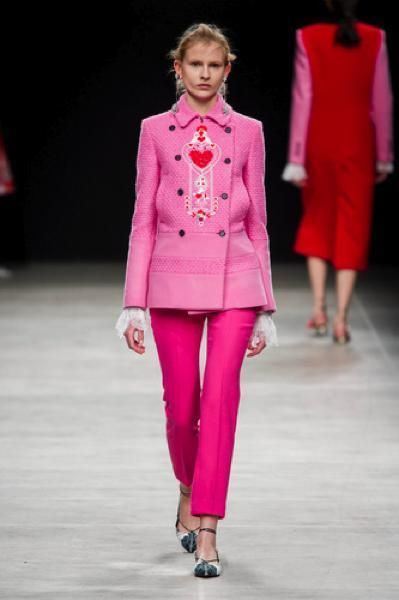 Clothing, Fashion show, Shoulder, Red, Joint, Outerwear, Runway, Magenta, Pink, Style, 