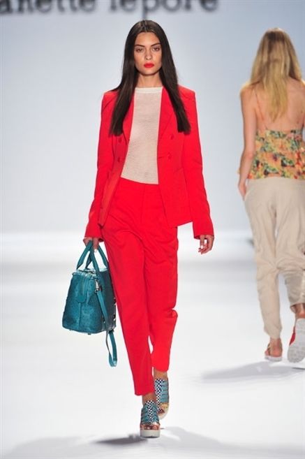 Clothing, Leg, Shoulder, Textile, Joint, Red, Outerwear, Fashion show, Style, Waist, 