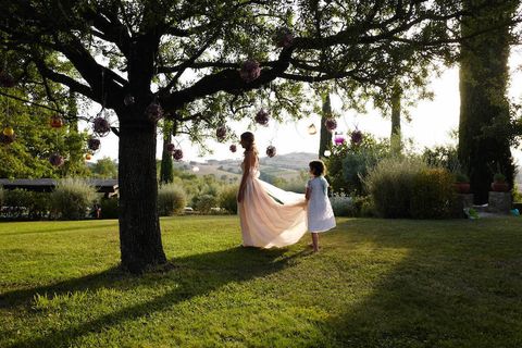 Grass, Dress, Tree, People in nature, Gown, Wedding dress, Bridal clothing, Bride, Garden, Lawn, 