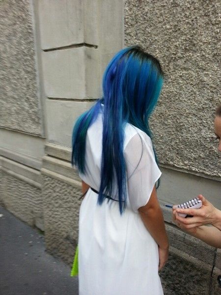 Hand, Mobile phone, Dress, Street fashion, Nail, Electric blue, Long hair, Back, Hair coloring, Day dress, 