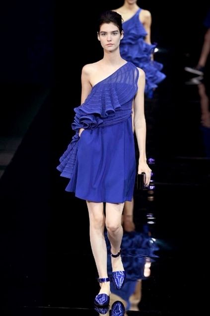 Blue, Shoulder, Dress, Fashion show, Human leg, One-piece garment, Style, Fashion model, Electric blue, Formal wear, 