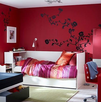 Room, Interior design, Wall, Textile, Red, Purple, Pink, Furniture, Magenta, Bedroom, 