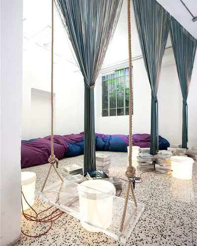 Interior design, Textile, Room, Floor, Purple, Linens, Bed, Interior design, Window treatment, Canopy bed, 