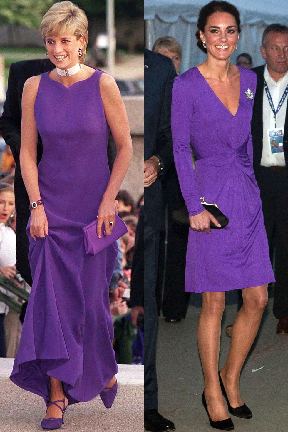 Diana in Versace at a dinner at the Field Museum of Natural History in Chicago in June 1996; Kate celebrates Canada Day in an Issa dress during the Royal Tour of North America in July 2011.