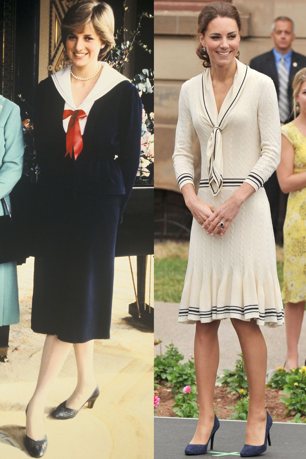 Diana at Buckingham Palace in 1980; Kate wearing Alexander McQueen in Charlottetown, Canada during the Royal Tour of North America in July 2011.