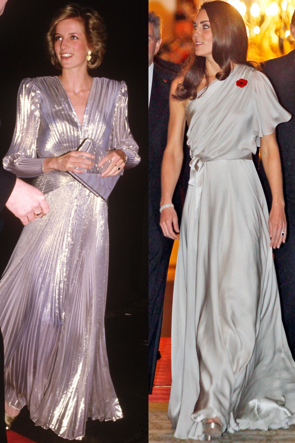 Diana in Bruce Oldfield at the Grosvenor House Hotel in London, March 1985; Kate in Jenny Packham at the National Memorial Arboretum Appeal at St James's Palace in London, November 2011.