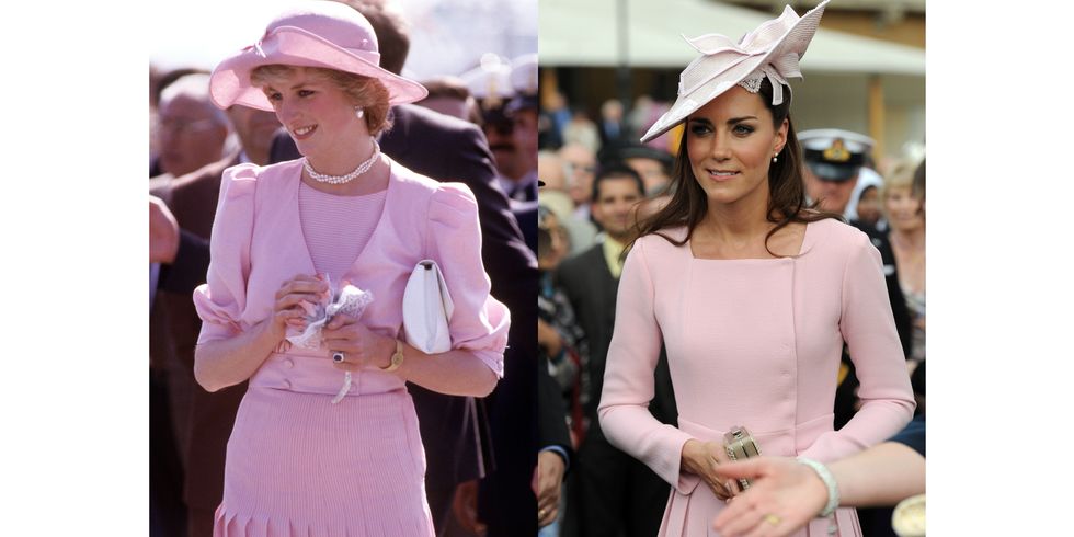Diana wearing Catherine Walker in Sicily during the Royal Tour of Italy in April 1985; Kate in Emilia Wickstead at a garden party at Buckingham Palace in May 2012.