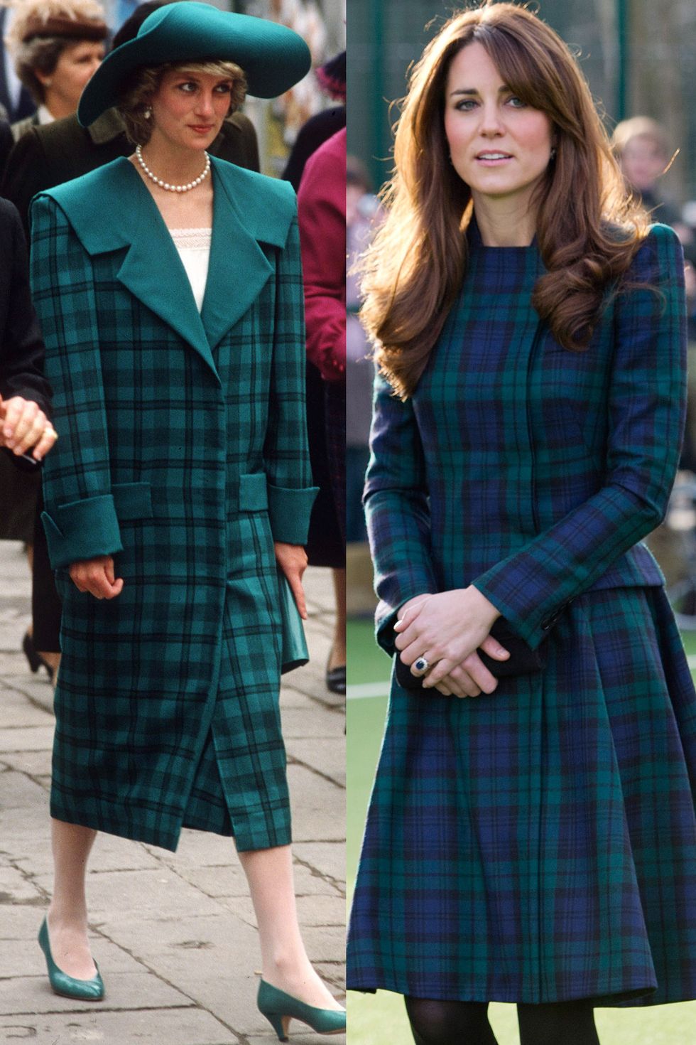 Diana in a coat by the Emanuels while touring Venice with Charles in 1985; Kate wears Alexander McQueen while visiting St Andrew's School, her alma mater, in November 2012.