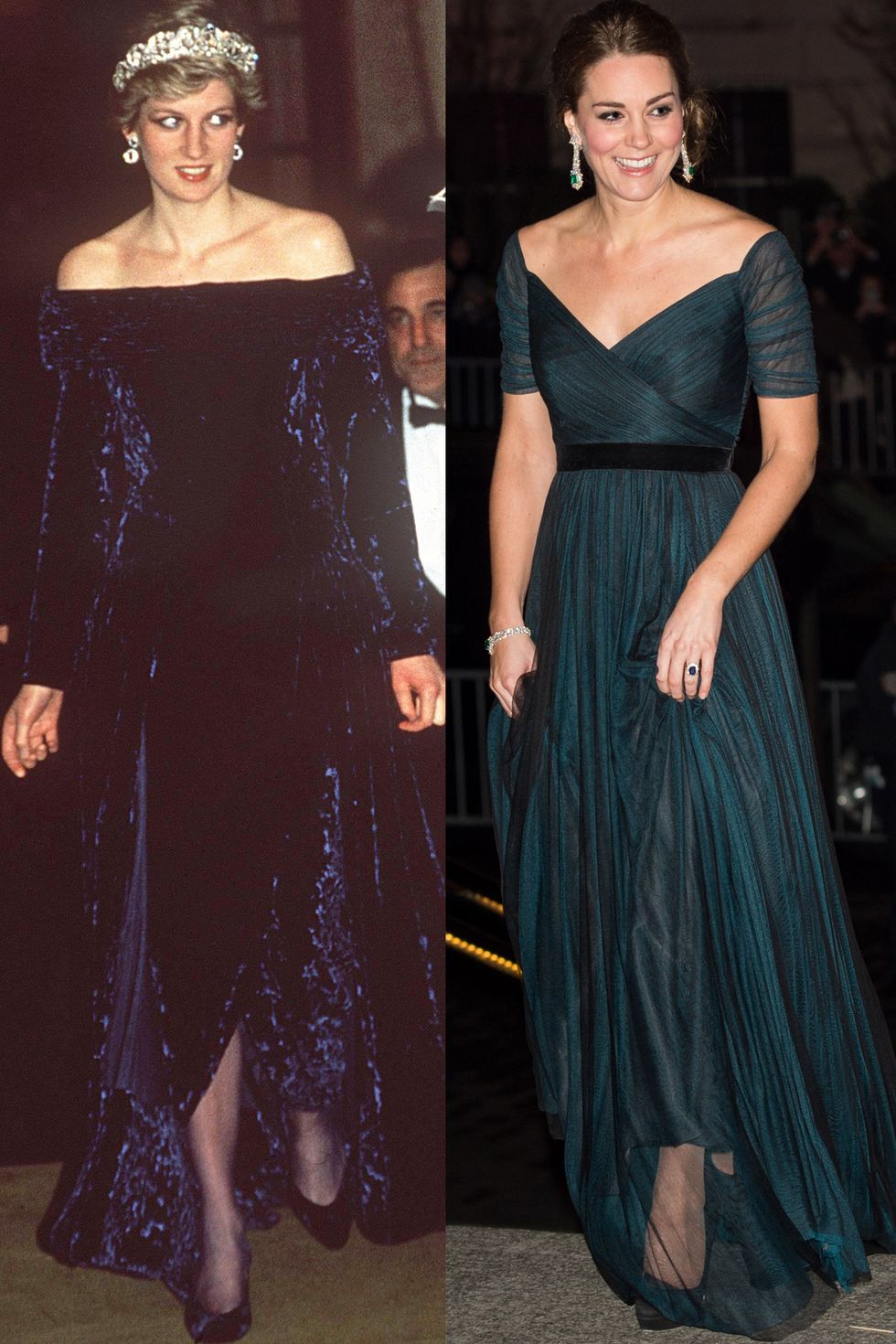 Diana in Bruce Oldfield at an official dinner in Lisbon, Portugal in February1987; Kate in Jenny Packham at the 600th Anniversary Dinner for St Andrew's in December 2014.