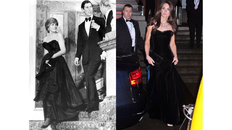 Diana attends her first public event with Prince Charles, at London's Goldsmith's Hall, in 1981; Kate at the Sun Military Awards in 2011.