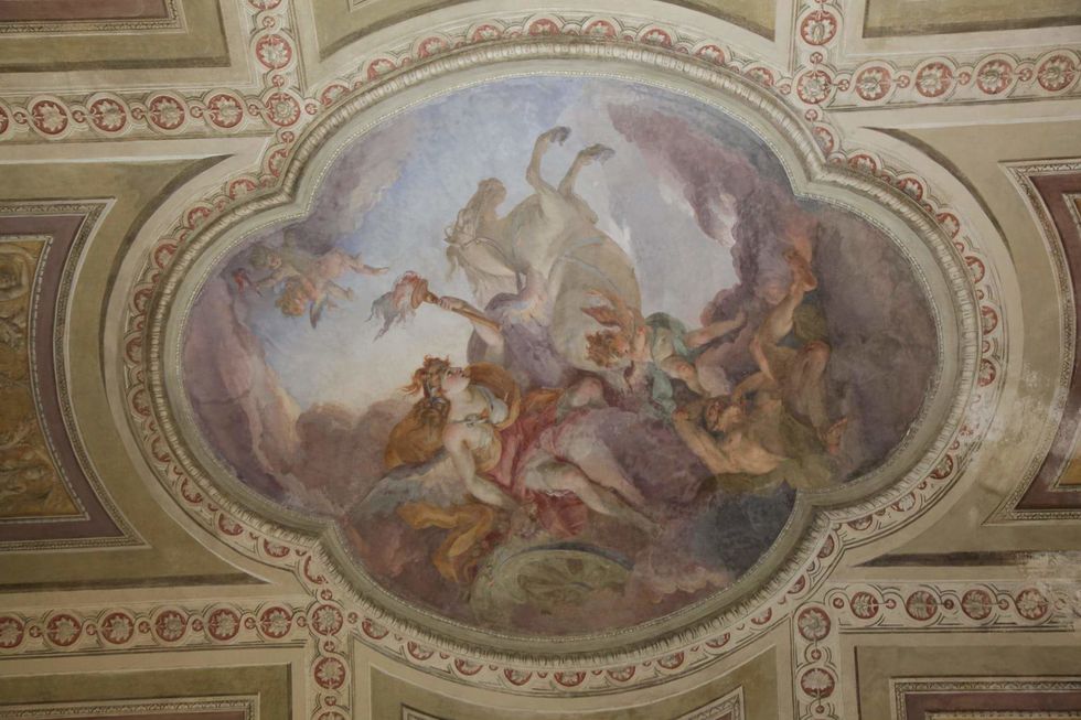 Ceiling, Wall, Art, Mythology, Visual arts, Molding, Painting, Artwork, Holy places, Mural, 