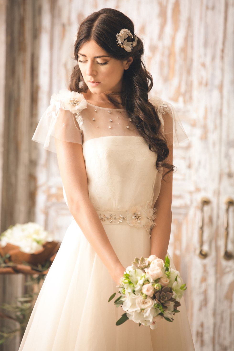 Clothing, Petal, Sleeve, Dress, Bridal clothing, Shoulder, Photograph, Wedding dress, Bride, Bridal accessory, 