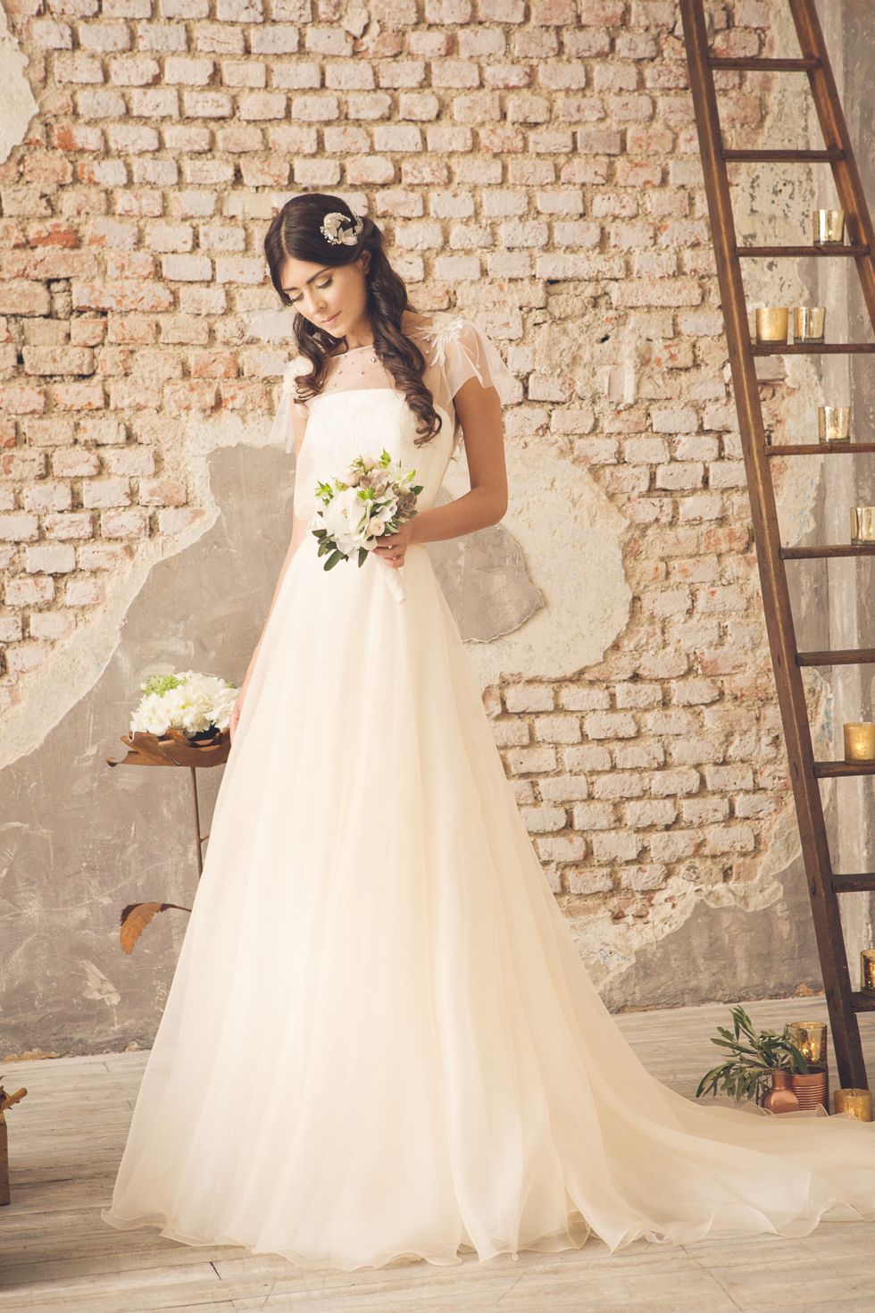 Clothing, Dress, Bridal clothing, Shoulder, Photograph, Petal, Wedding dress, Bride, Gown, Bouquet, 